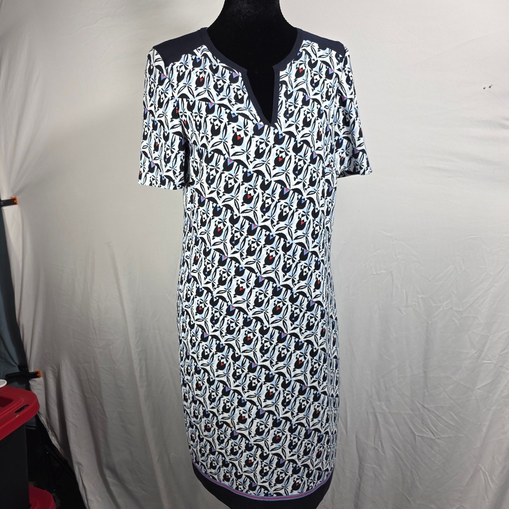Basler Womens Geometric Floral Split Neck‎ Shift Dress Navy Blue White W91